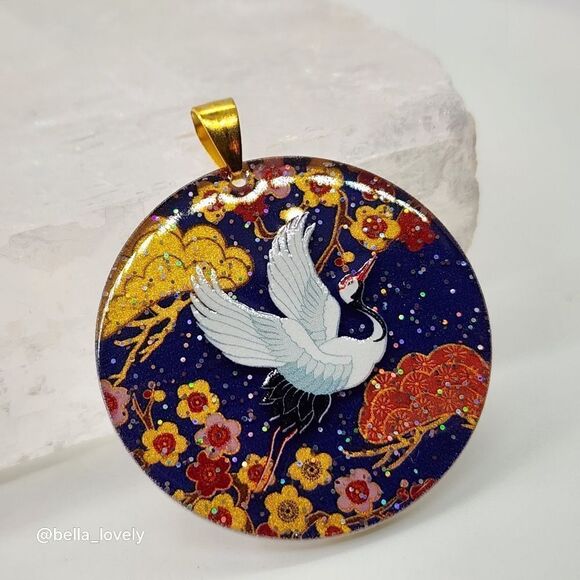 Acrylic Handmade Crane Mixed Flower Blue Round Pendant with Gold Toned Bail - Picture 3 of 3